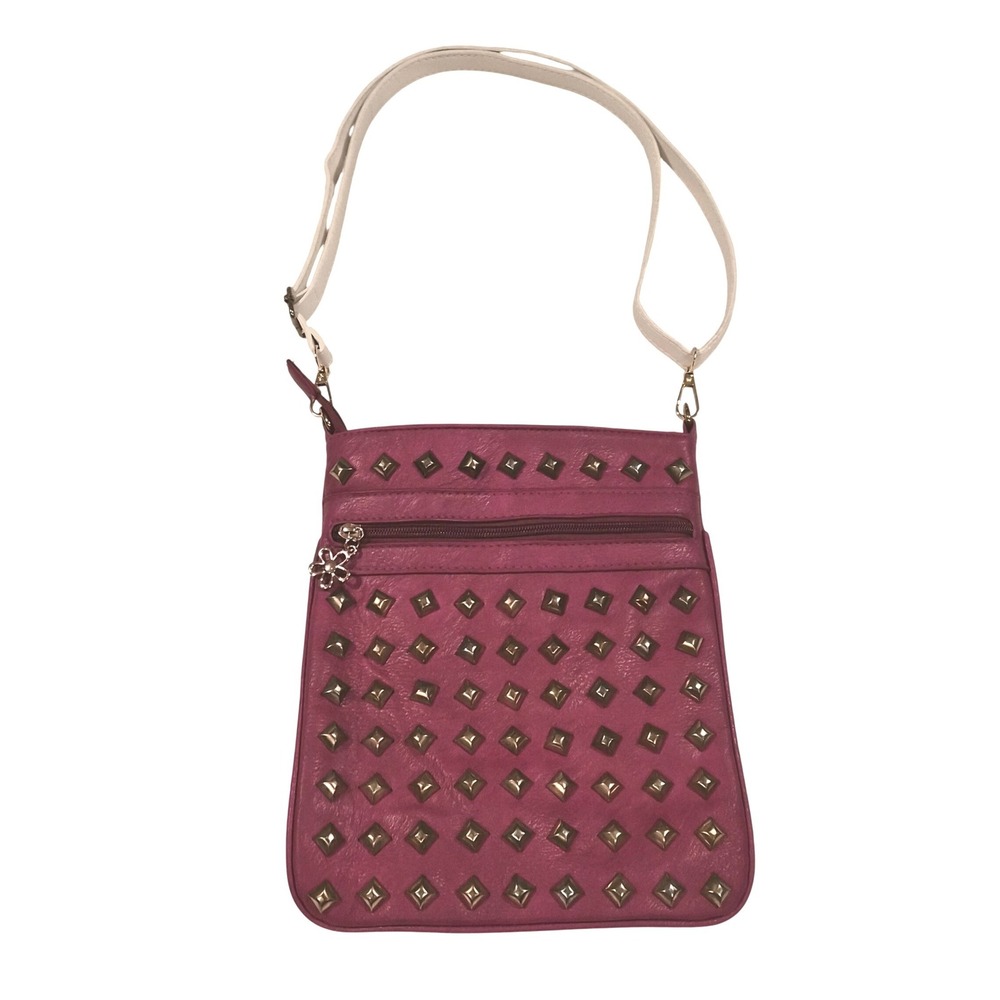 Magenta Studded Faux Leather Crossbody Bag Magenta Bronze Studs Messenger Purse